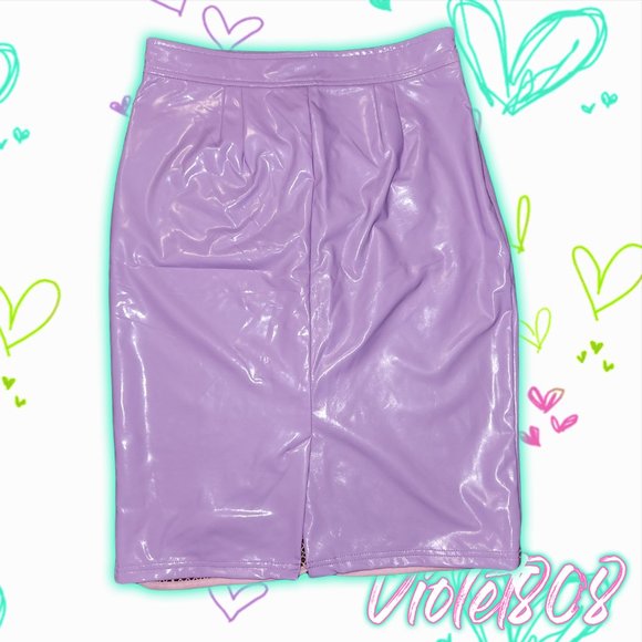 [L] Purple Vegan Leather PVC Wet Look Fishnet Zipper Skirt - Picture 2 of 4